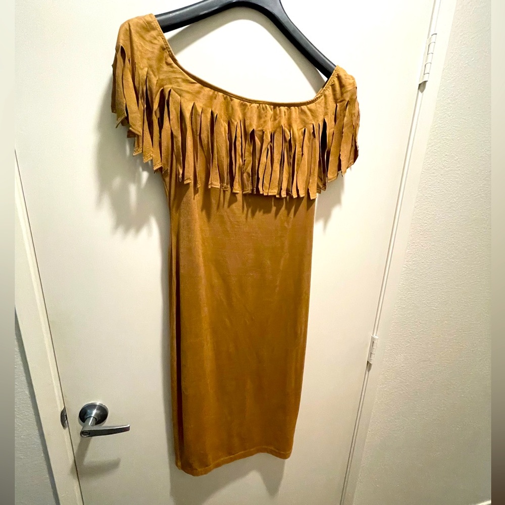 Brown suede dress with fringe neckline